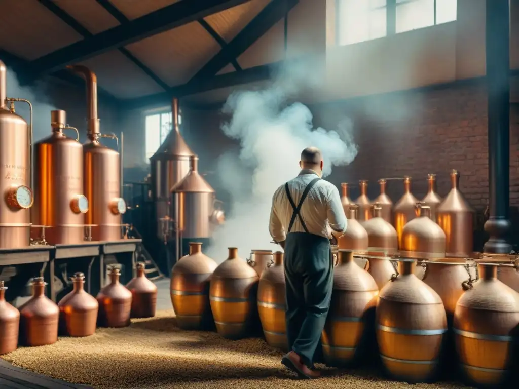 Destilería polaca: proceso detallado de destilación de vodka Historia de destilación de vodka en Polonia: Artesanos en destilería tradicional polaca, elaborando vodka con gran detalle y tradición