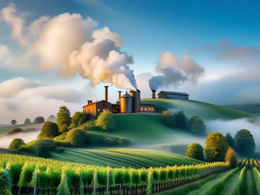 Destilería rústica en campo pintoresco: tradición y belleza orgánica Un idílico paisaje de destilación de bebidas alcohólicas orgánicas en una destilería rústica