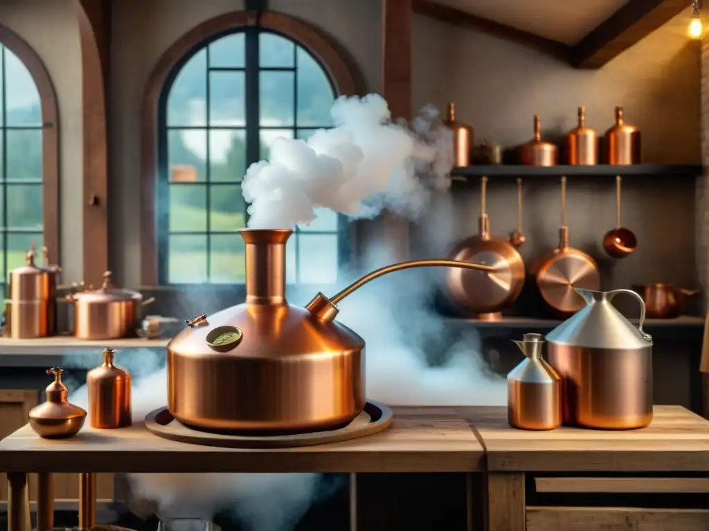 Destilación artesanal: Alambique de cobre en cocina rústica Una ilustración detallada de una alambique de cobre en funcionamiento en una cocina rústica