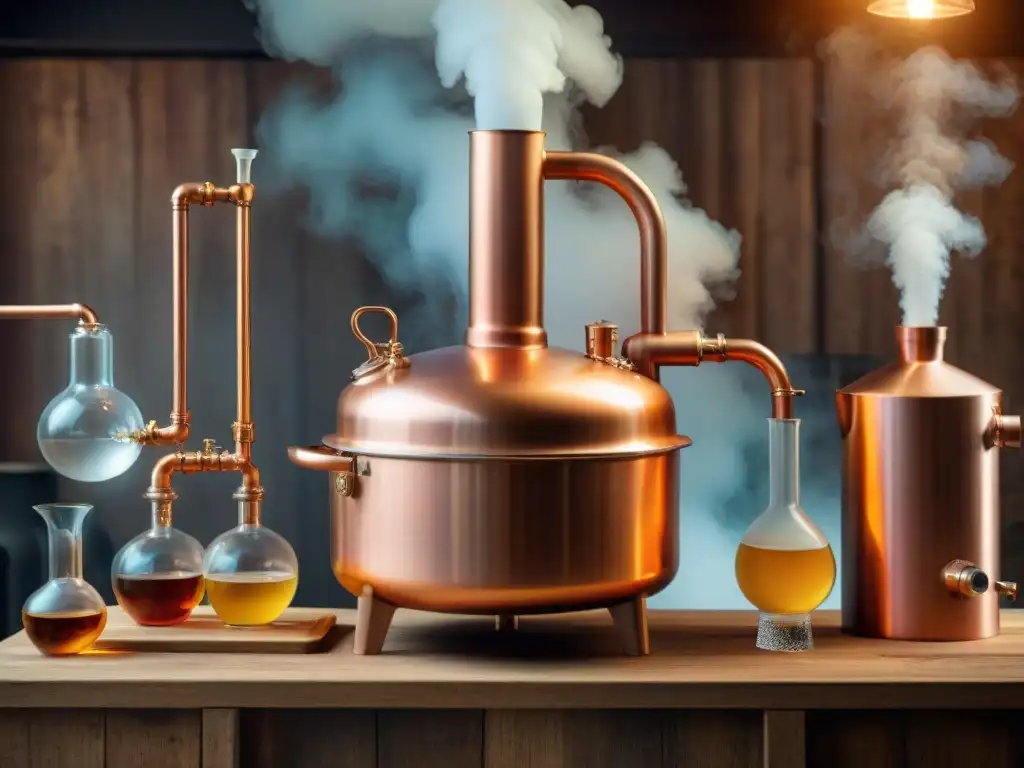 Una ilustración detallada de un alambique de cobre clásico para técnicas avanzadas de destilación de bebidas alcohólicas