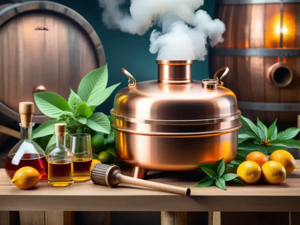 Destilación sin alcohol: Alambique de cobre y botánicos Una ilustración detallada de una antigua destilería con alambique de cobre en acción, rodeado de botánicos y frutas