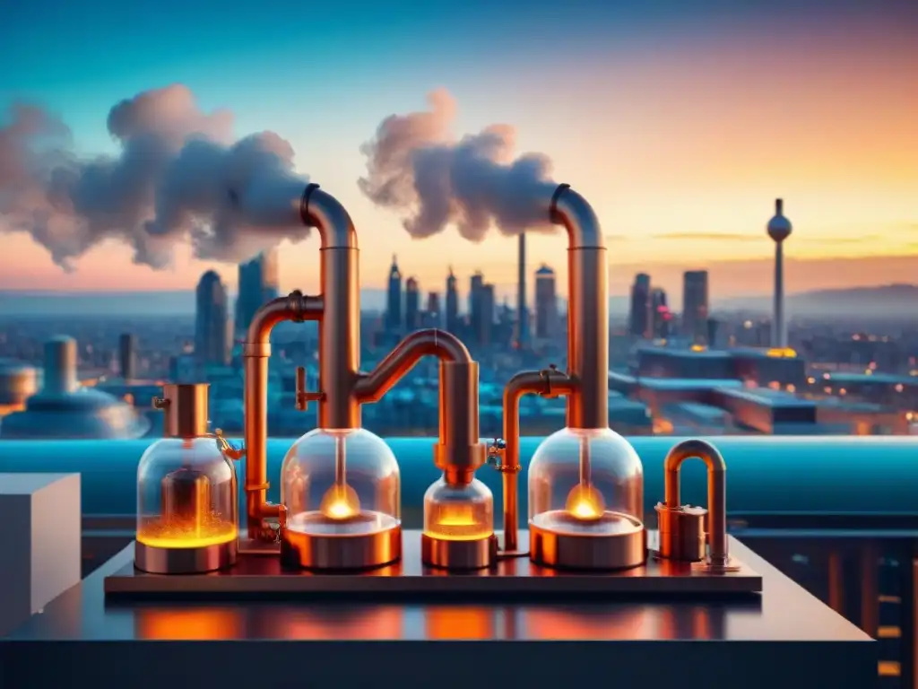 Ilustración detallada de un alambique futurista en ciudad nocturna Una ilustración detallada de un aparato de destilación futurista rodeado de una ciudad animada al anochecer, fusionando tradición e innovación