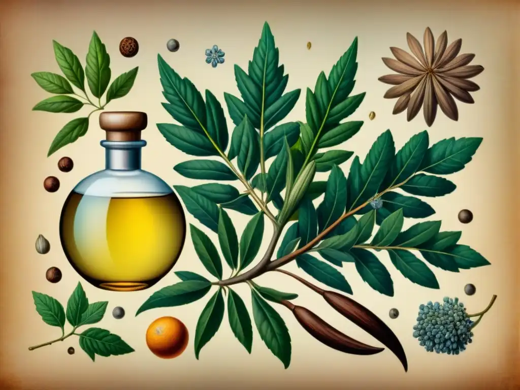 Ilustración detallada de botánicos para gin con colores vibrantes Una ilustración detallada de botánicos para gin, evocando historia y tradición en la destilación