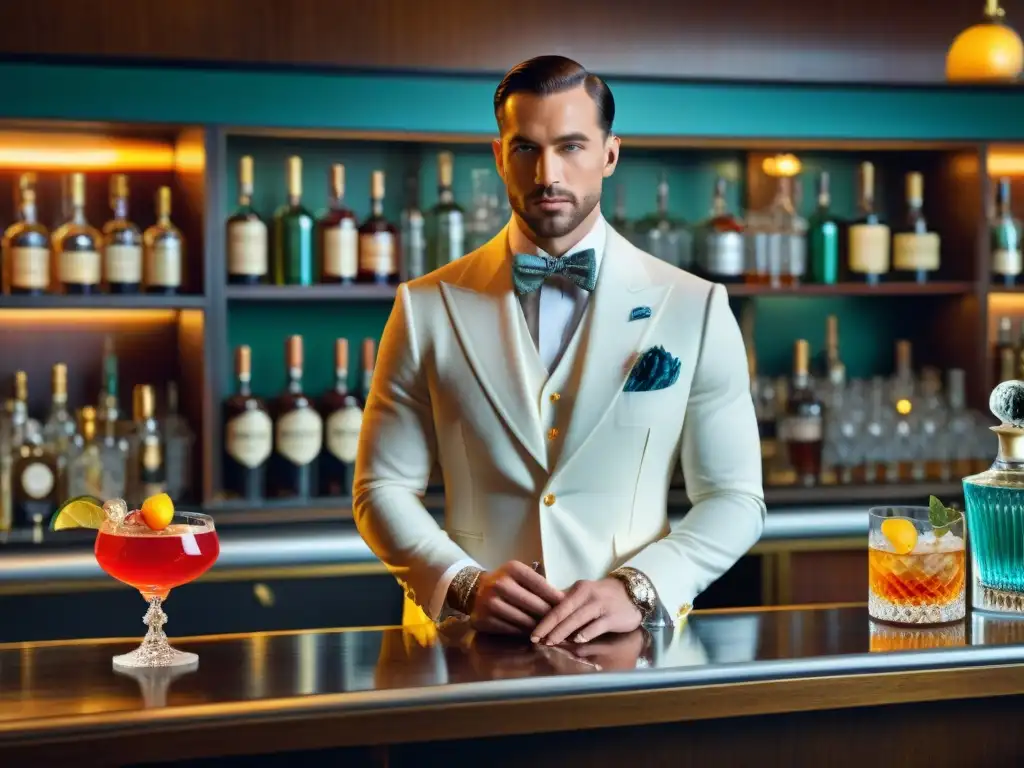 Cócteles y elegancia en un bar de los años 20 Una ilustración detallada de un bullicioso bar de cócteles de los años 20, donde elegantes clientes disfrutan de coloridos cócteles