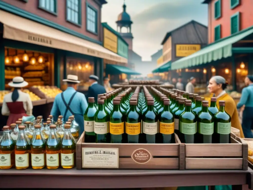 Mercado sostenible de bebidas del siglo XX: ilustración vintage detallada Una ilustración detallada de un bullicioso mercado del siglo XX con alternativas sostenibles de envases para bebidas alcohólicas