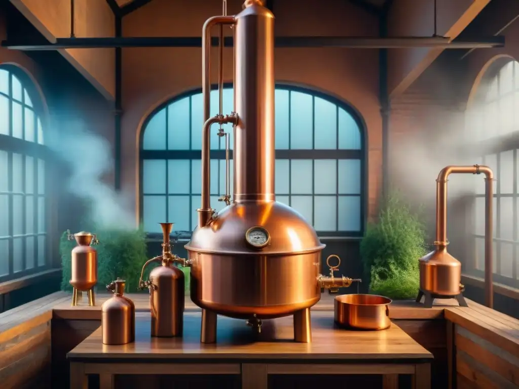 Destilación artesanal de alcoholes sin alcohol: tradición y precisión Una ilustración detallada de destilación de bebidas alcohólicas sin alcohol, resaltando la artesanía y la tradición histórica