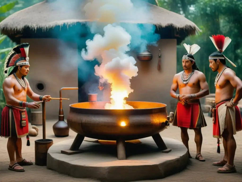 Una ilustración detallada de la destilación precolombina en América, mostrando a indígenas alrededor de un complejo aparato de destilación