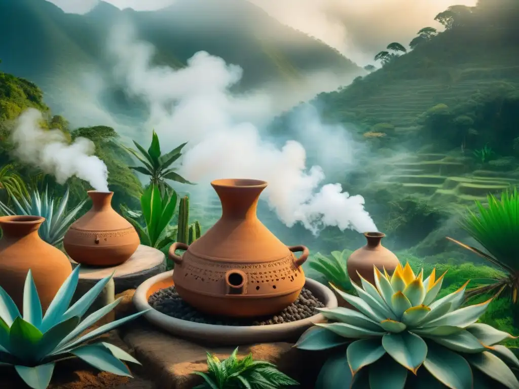 Una ilustración detallada de la destilación precolombina en América, artesanos indígenas crean vasijas de arcilla entre plantas y vapor aromático