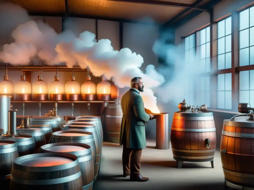 Destilación artesanal: escena vintage de una destilería tradicional Una ilustración detallada de una destilería tradicional, con destellos en el alambique de cobre bajo la luz de velas