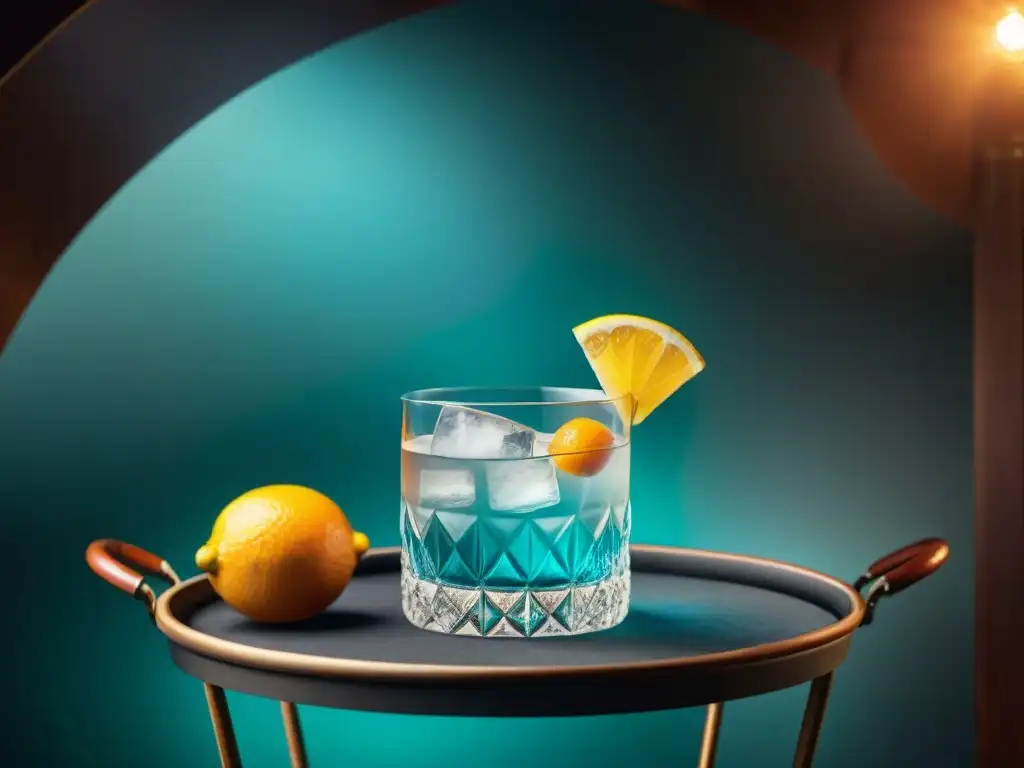 Cóctel de lujo: cristal, cítricos y destilados Una ilustración detallada y elegante de un cóctel equilibrado en un vaso de cristal rodeado de licores de alta calidad en un carrito de bar