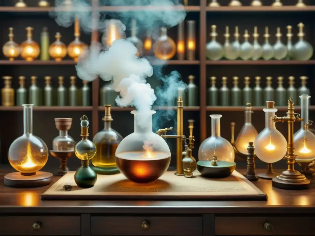 Antigua alquimia: laboratorio del siglo XVIII detallado Una ilustración detallada de un laboratorio de alquimia del siglo XVIII con instrumentos científicos antiguos