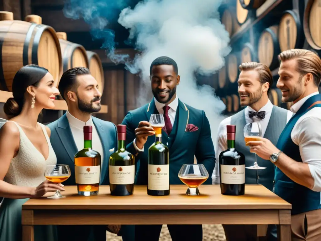 Exquisita cata de licores orgánicos: sommeliers en acción Una ilustración detallada de sommeliers y destiladores probando destilados orgánicos, en una sesión de cata llena de diferencias