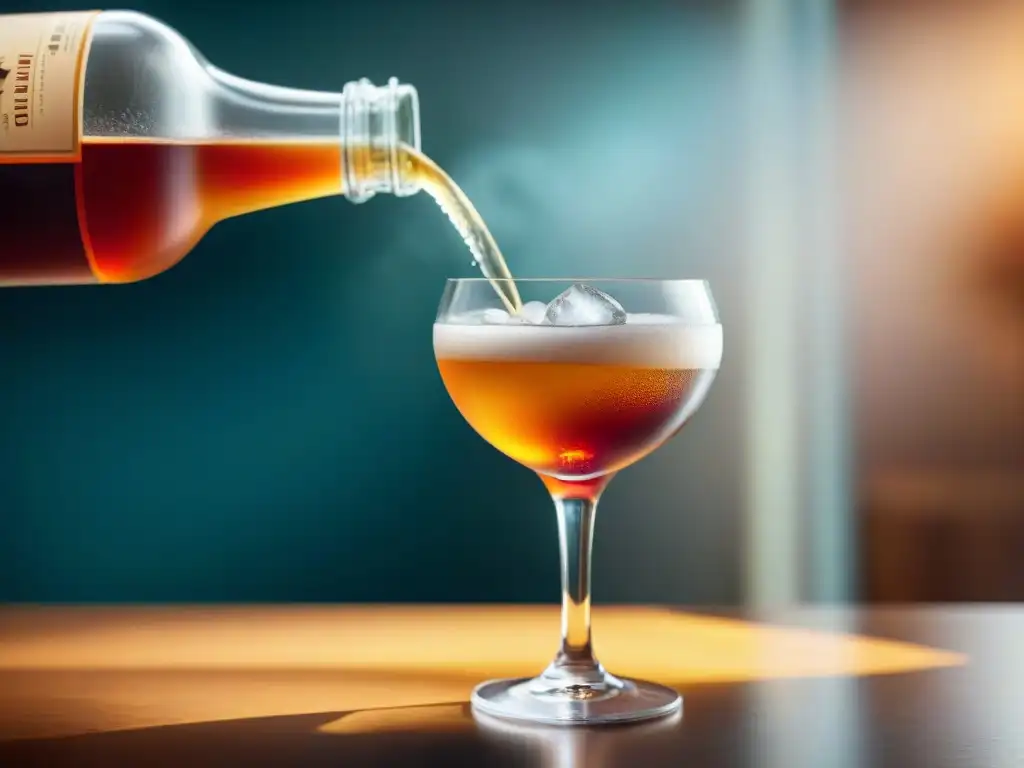 Arte efervescente: ilustración detallada de la carbonatación en cócteles Una ilustración detallada de técnicas de carbonatación en cocteles, con burbujas ascendentes en una elegante copa de cocktail