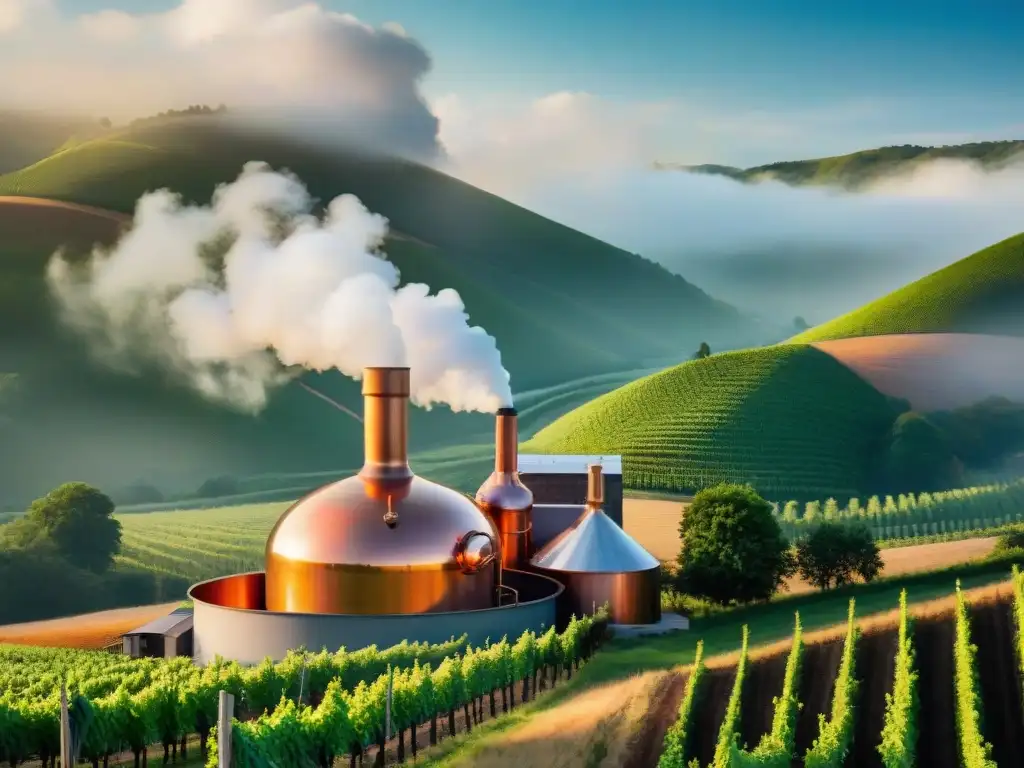 Destilería artesanal: tradición y orgullo regional Una ilustración detallada y vintage de una antigua destilería en un entorno pintoresco