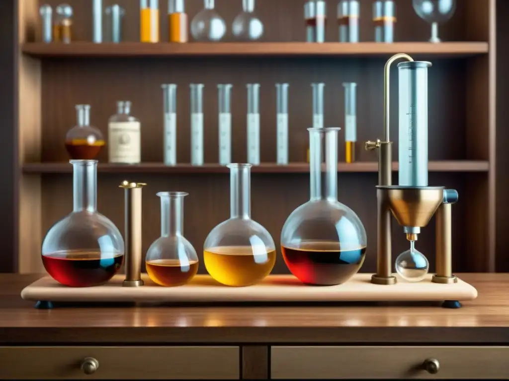 Experimentos de acidez en cócteles: laboratorio vintage Una ilustración detallada vintage de un laboratorio con herramientas para experimentar con acidez en cócteles
