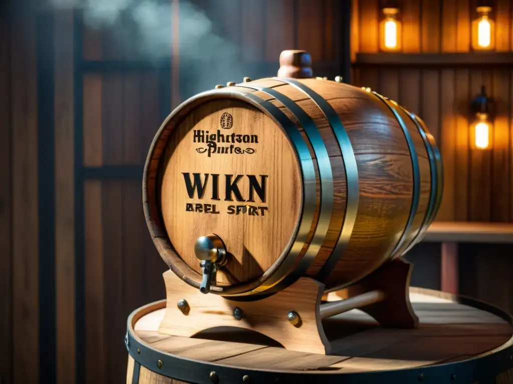 Barril de roble envejecido con whisky ámbar: destilería nostálgica La imagen muestra un barril de roble desgastado con patrones de vetas de madera y whisky ámbar envejecido