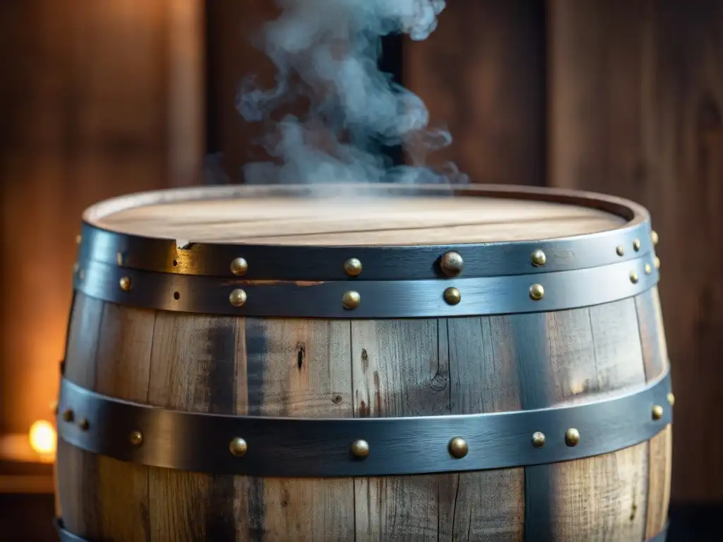 Detalles de barril de roble envejecido: tradición y artesanía La imagen muestra un barril de roble envejecido con patrones de veta detallados y aros de metal desgastados