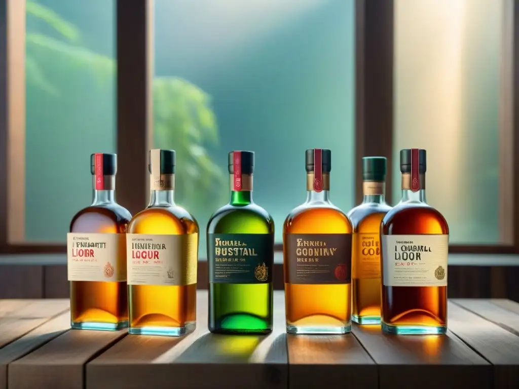 Diseños sostenibles: botellas de licor innovadoras en madera rústica Una imagen detallada en 8k de botellas de destilados innovadoras y sostenibles en una mesa de madera rústica
