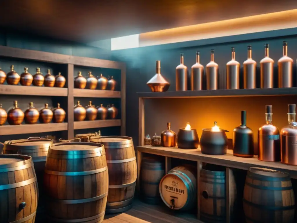 Destilería vintage con alambique de cobre y barricas de whiskey Imagen de destilería vintage con alambique de cobre y barricas de whiskey envejecido, mostrando recetas de enzimas