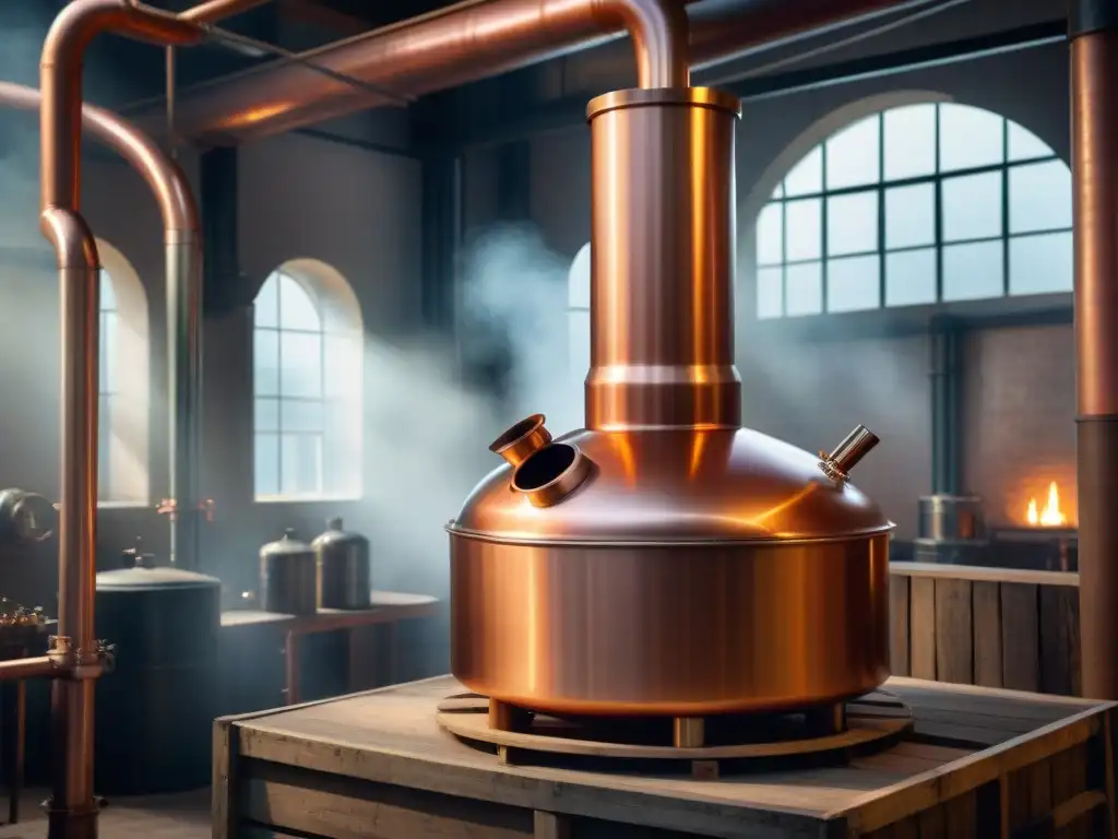 Alambique de cobre: tradición destilada con maestría Una imagen vintage de una alambique tradicional de cobre en una destilería, destacando la destilación de bebidas alcohólicas modernas