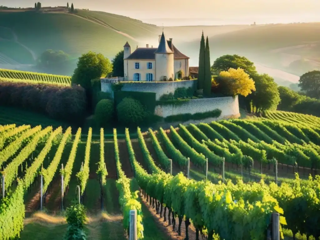 Viñedo dorado en colinas de Bordeaux: imagen vintage de ensueño Una imagen vintage de un viñedo en las colinas de Burdeos, Francia