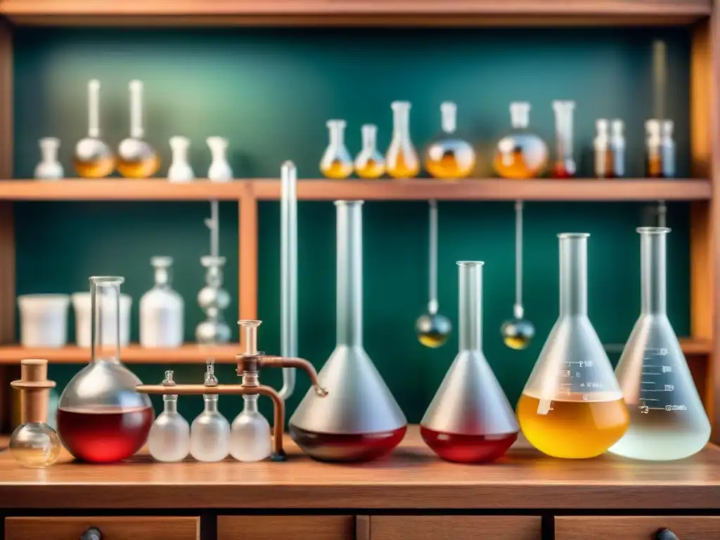 Destilación vintage en laboratorio: detallada y nostálgica Importancia de la calidad del agua en la destilación en un laboratorio vintage con detalles en 8k y ambiente cálido