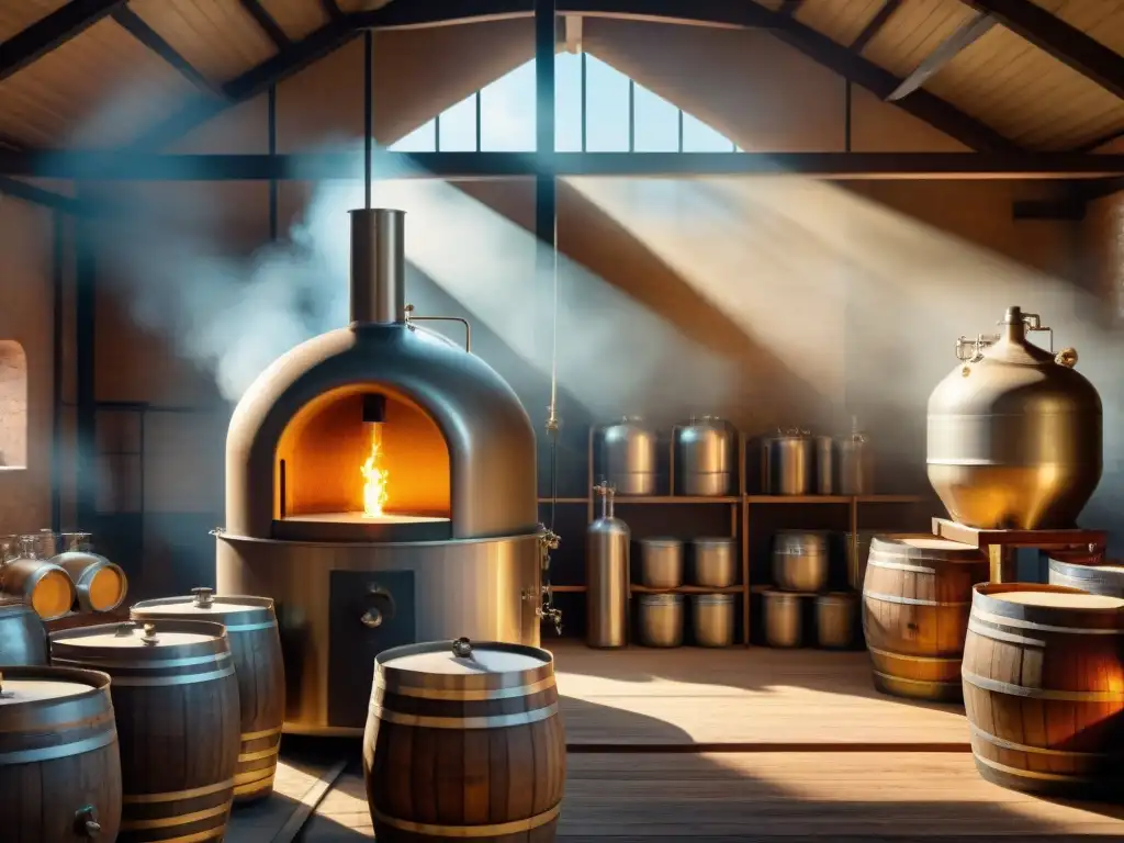 Proceso de fermentación de levadura en destilería tradicional Importancia de la levadura en la destilación: Ilustración detallada de la fermentación en una destilería tradicional