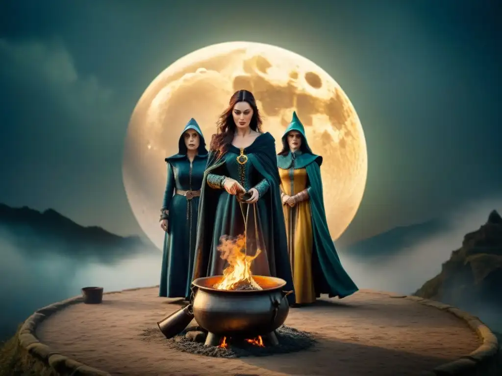 Ilustración detallada de las brujas de Macbeth junto al caldero Inquietante ilustración vintage de las brujas de Macbeth preparando una poción, con luna llena y niebla misteriosa
