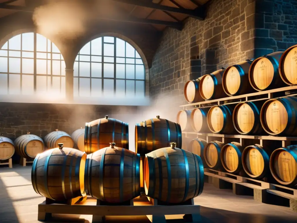 Almacén de Roble: Tradición y Elegancia en la Destilería Macallan Diseño interior destilerías experiencia visita: icónicas barricas de roble en almacén de Macallan, envueltas en bruma de whisky