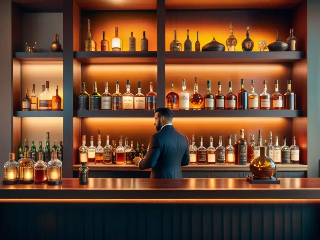 Bar clandestino: luces cálidas y destilados exóticos Intima destilación de bebidas alcohólicas exóticas en un acogedor y misterioso bar clandestino iluminado por bombillas vintage