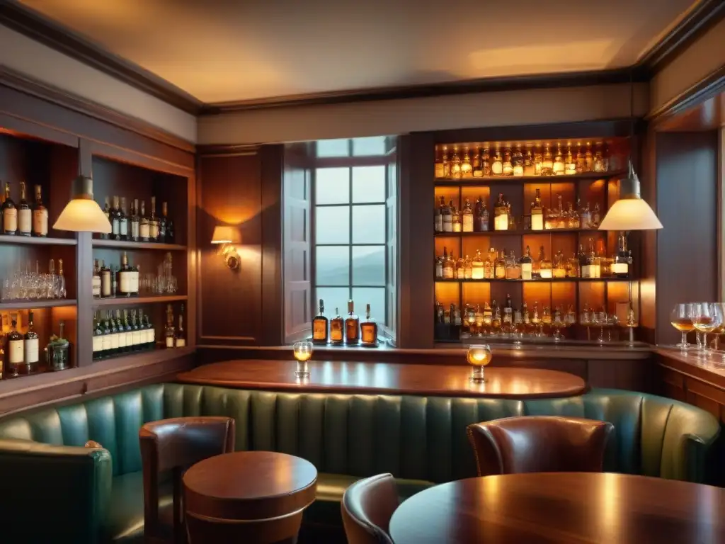 Pub escocés: whisky, historia y creatividad Un íntimo pub escocés con escritores y poetas disfrutando del whisky como inspiración literaria