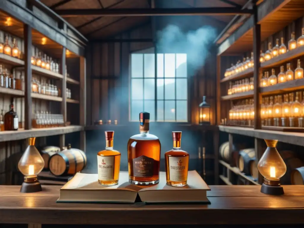 Destilería clandestina: artesanía y misterio en la oscuridad Intrigante destilería clandestina con maestros destiladores creando licores en un antiguo granero iluminado