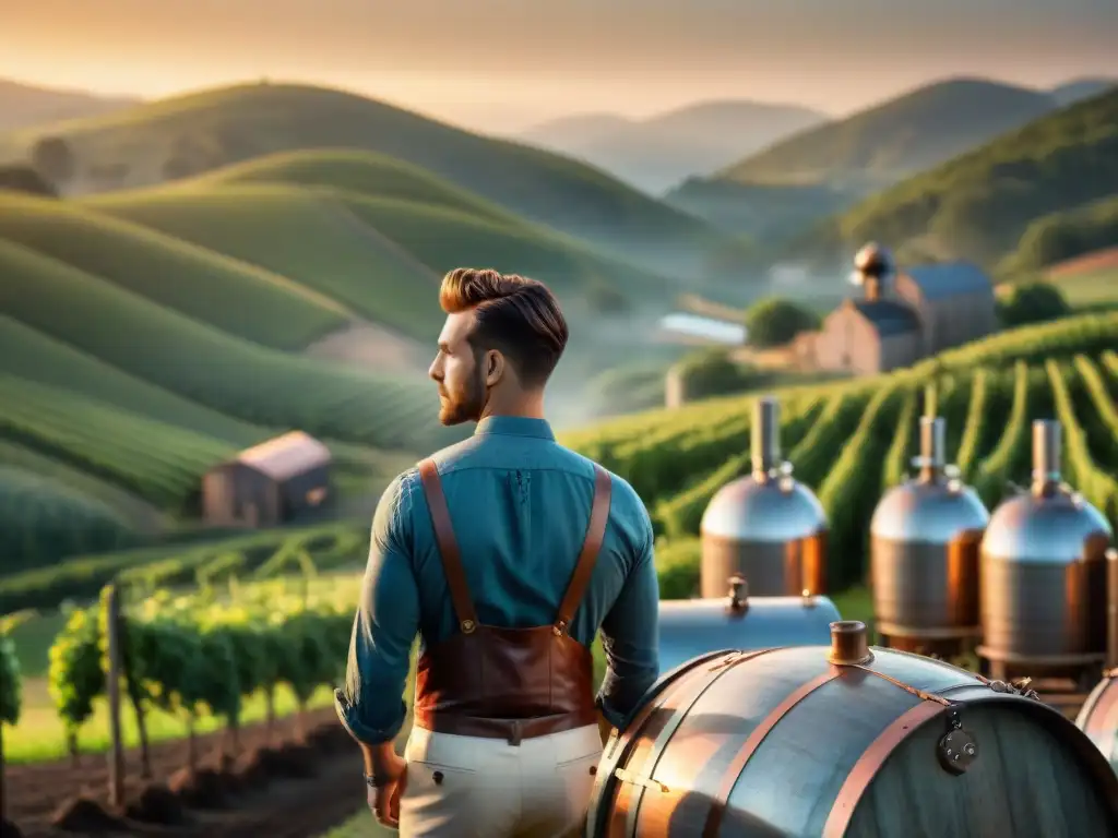 Destilería vintage al amanecer: tradición y artesanía en la producción de licores Inversión en destilados post pandemia: Destilería vintage al amanecer, destiladoras de cobre brillando entre viñedos y colinas