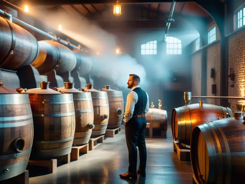 Destilería de whisky: tradición y maestría en cada destilación Inversión en destilados post pandemia: destilería de whisky con alambiques de cobre brillando en la tenue luz, barricas de madera y maestro destilador