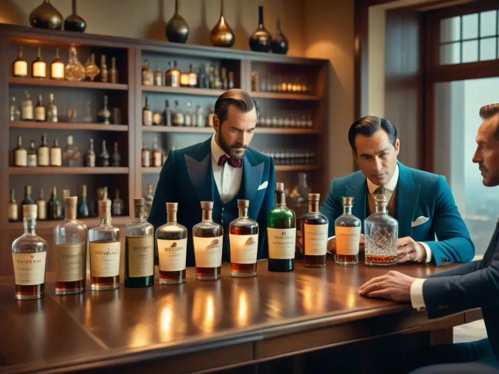 Reunión de inversionistas en estudio vintage analizando botellas exclusivas Inversores examinan destilados raros en elegante estudio de época