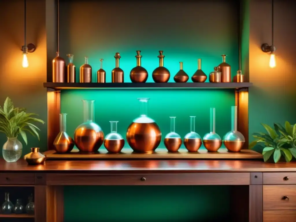 Alquimia en laboratorio vintage: destilación y misterio Un laboratorio de alquimia vintage detallado con destilación de técnicas destilación bebidas alcohólicas, exudando misterio y artesanía