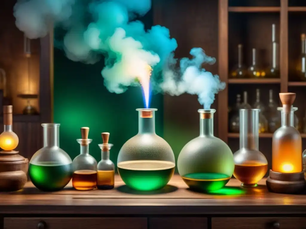 Misterioso laboratorio de alquimia con destilación y fermentación dual Laboratorio de alquimia con fermentación dual en destilación alcohólica