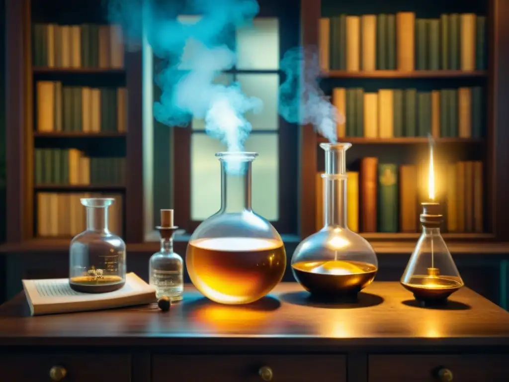 Alquimia sonora: laboratorio vintage detallado Un laboratorio alquímico antiguo detallado para destilación con ondas de sonido, con vidrio antiguo y libros alquímicos