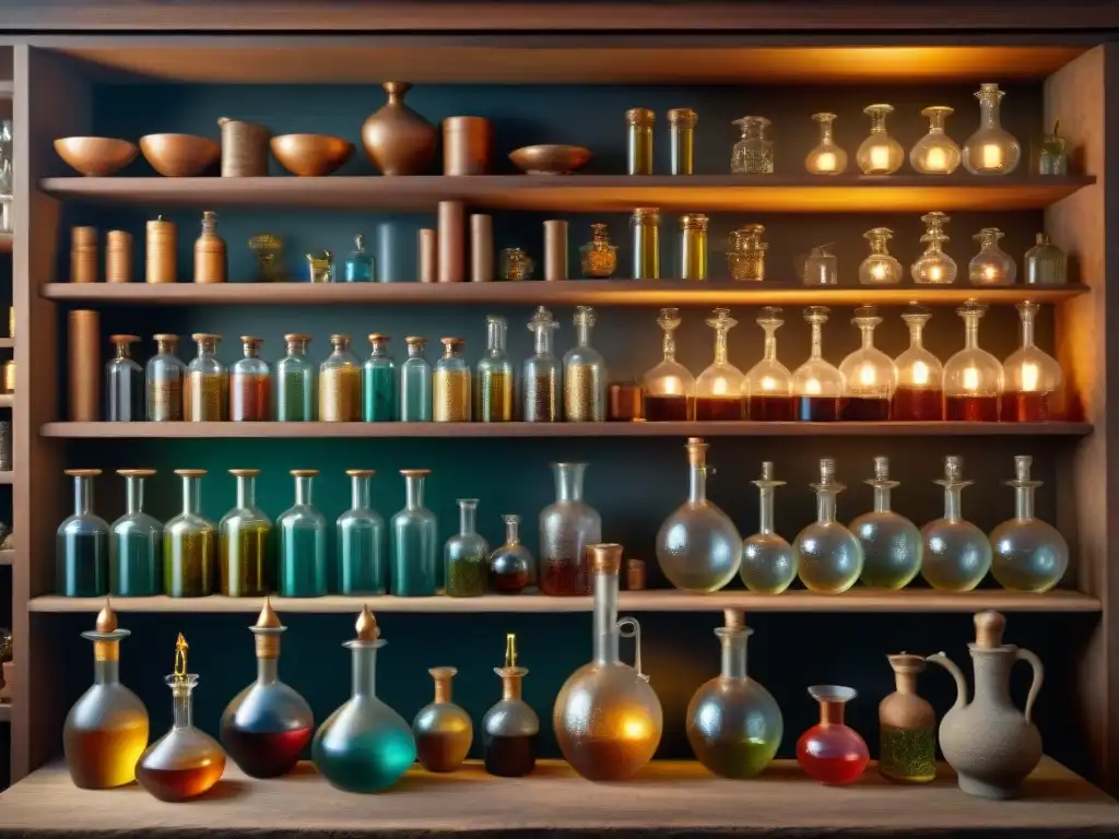 Laboratorio alquímico ancestral: destilación y misterio en escena Un laboratorio alquímico antiguo detallado, con vidriería intrincada, líquidos burbujeantes y símbolos misteriosos en una habitación de piedra tenue, repleta de tomos polvorientos y luz de velas titilante