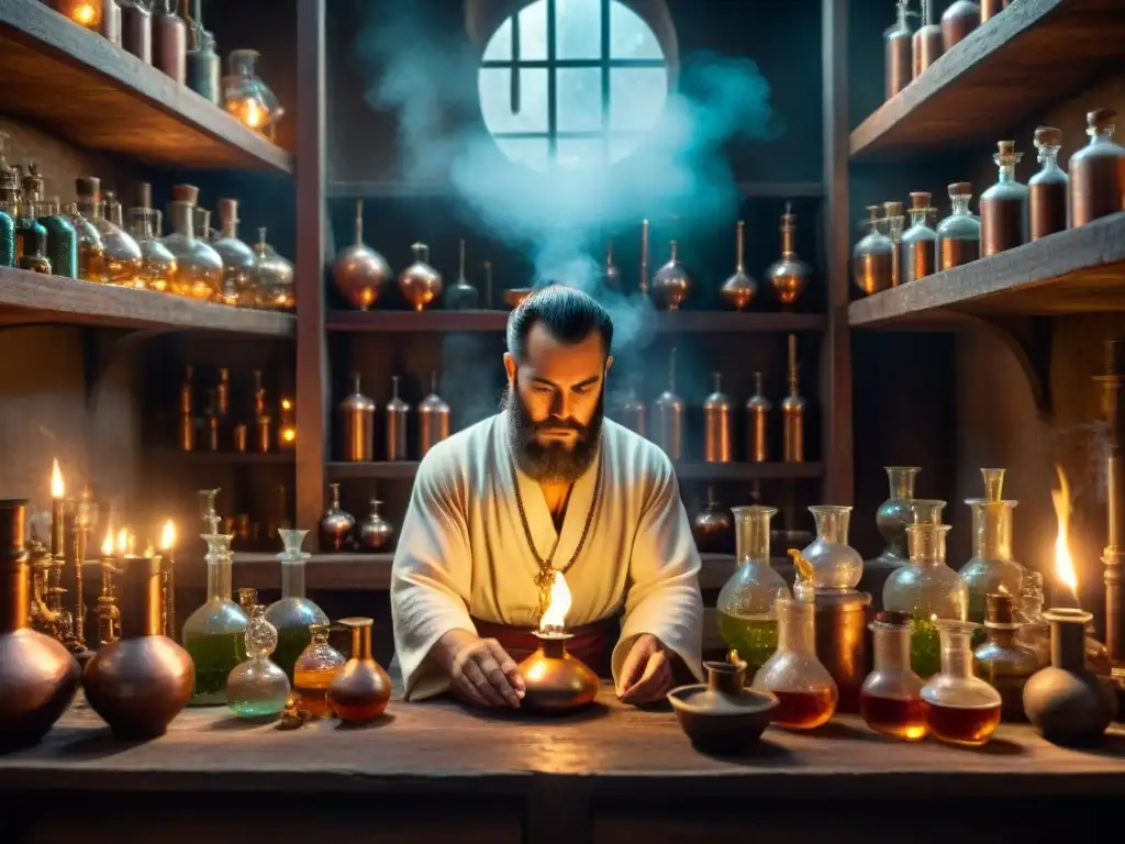 Alquimia ancestral: laboratorio detallado y misterioso Un laboratorio de alquimista antiguo con destilación de espíritus a la luz de las velas