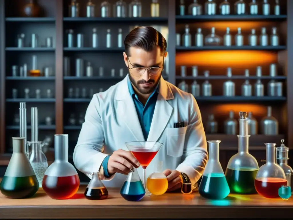 Alquimia vintage: laboratorio de química con cristalería antigua y cócteles Un laboratorio de química vintage detalla la creación de cócteles perfectos