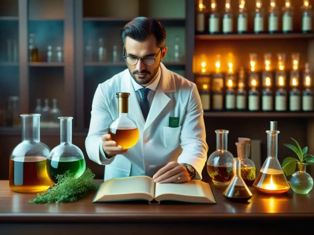 Destilación vintage: científico en laboratorio de botánica y licores Un laboratorio de química vintage con destilación de bebidas, cristalería y hierbas