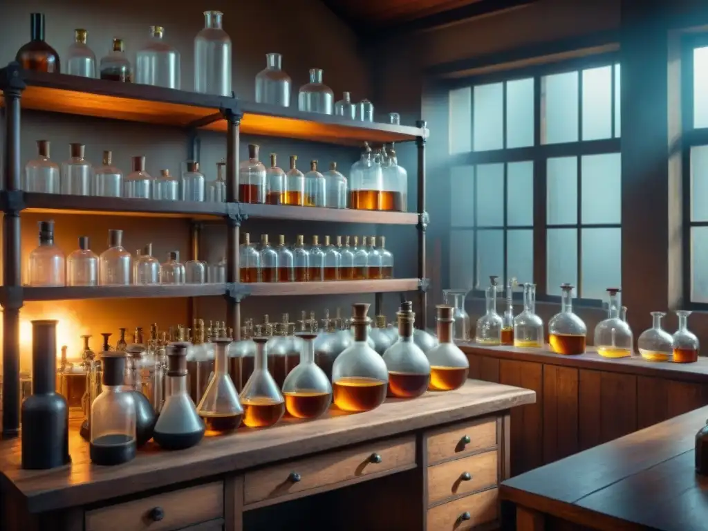 Antiguo laboratorio de destilería: detallado y nostálgico Un laboratorio vintage de destilería con estantes de madera llenos de matraces y tubos de vidrio, un microscopio de latón sobre una mesa desgastada, y una habitación tenue iluminada por la luz del sol que se filtra a través de pequeñas ventanas polvorientas, proyect
