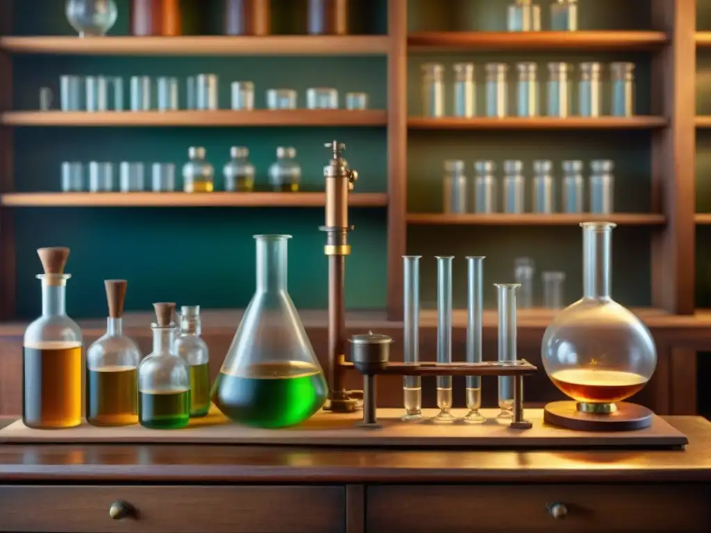 Escena de laboratorio vintage en 8k: destilación y ciencia Un laboratorio vintage iluminado por una cálida luz, lleno de aparatos científicos antiguos y libros de genética molecular en destilación