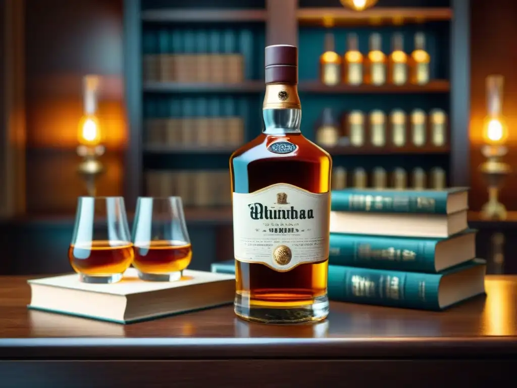 Botella de whisky vintage con detalles dorados en mesa de lujo Lanzamiento de ediciones limitadas de bebidas alcohólicas: una botella de whisky vintage rodeada de lujo y sofisticación