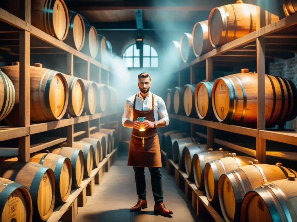 Antigua destilería: maestro destilador en acción en bodega de roble Un maestro destilador en una bodega vintage, extrayendo una muestra de barril con un thief, rodeado de tecnología en cata de destilados
