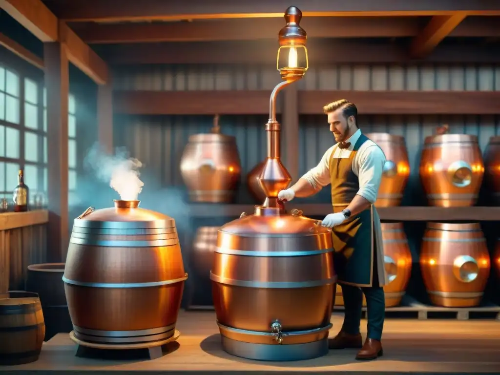 Destilación artesanal en alambique de cobre: tradición y maestría Un maestro destilador supervisa la destilación de bebidas alcohólicas orgánicas en una antigua destilería rústica