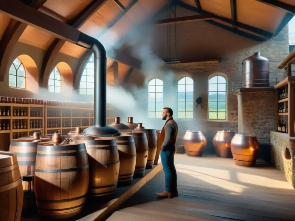 Un maestro destilador trabaja en una destilería artesanal rodeado de barriles de licor