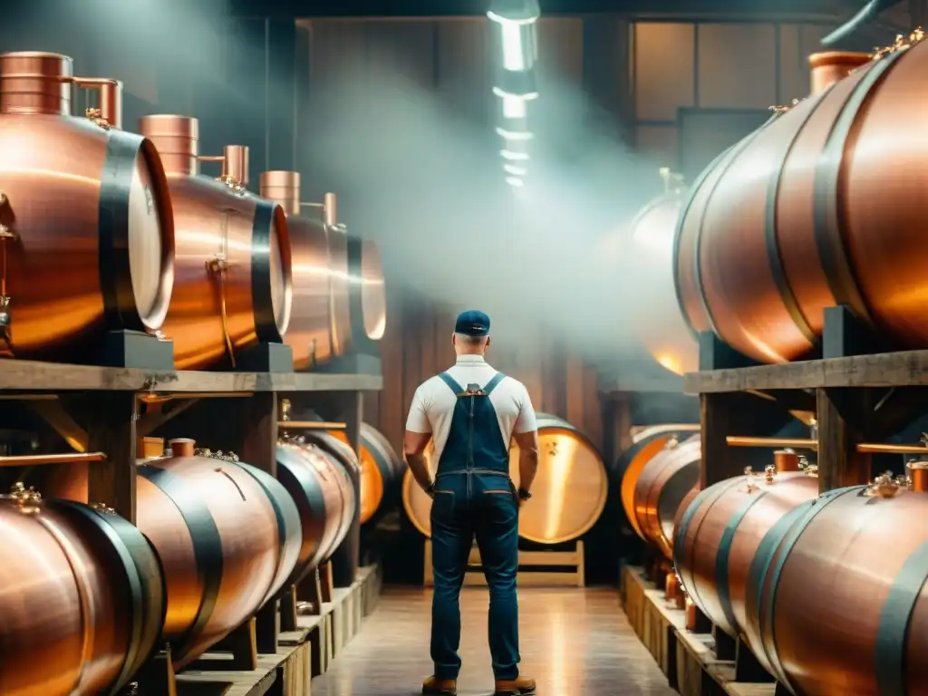 Destilería vintage: tradición y maestría en 8k Un maestro destilador inspecciona licores envejecidos en barricas de madera
