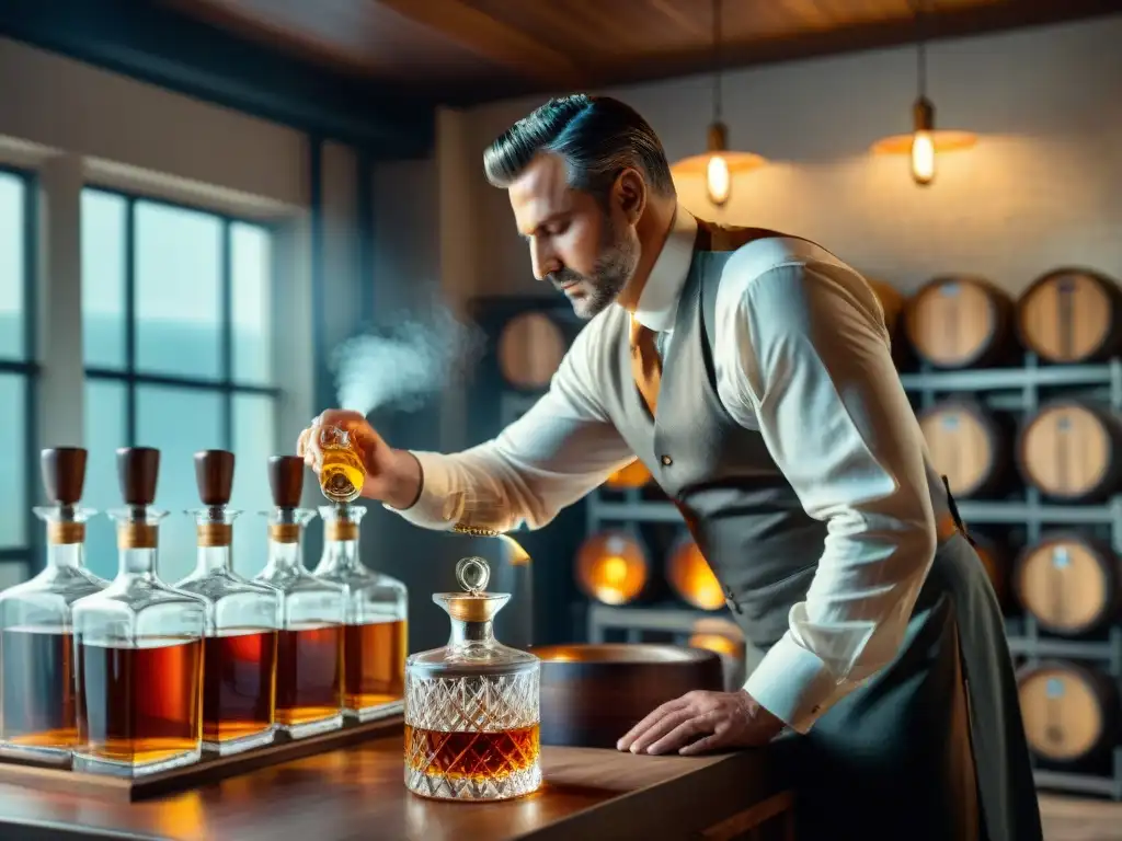 Destilador experto vierte whisky añejo en decantador de cristal Maestro destilador vierte whisky en decantador de cristal, bañado por luz dorada, entre barriles de madera
